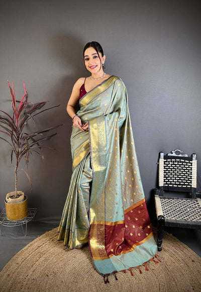 Pastel Mint Green & Maroon Dual Tone Banarasi Silk Saree with Golden Butti & Rich Zari Border | Premium Festive Wear