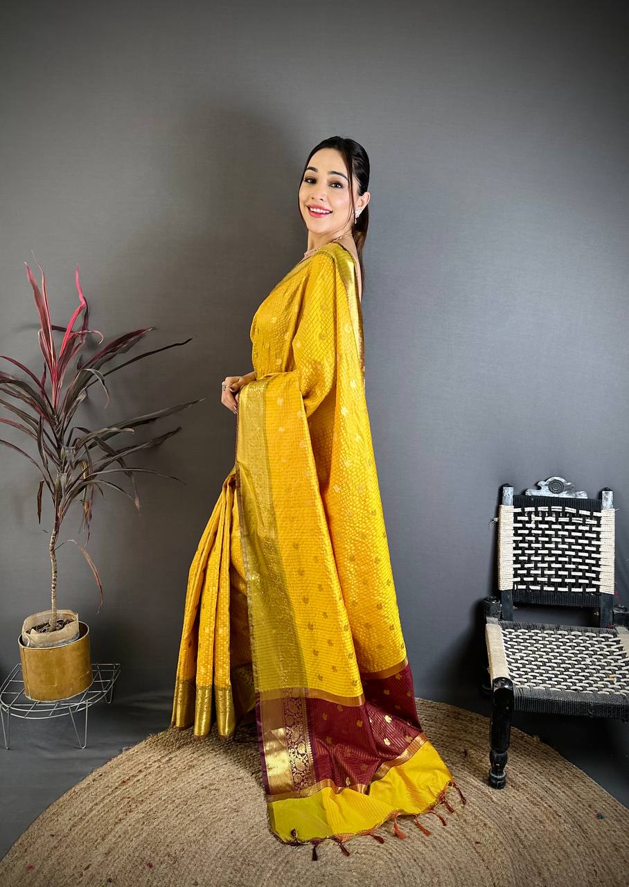 Sunshine Yellow & Maroon Dual Tone Banarasi Silk Saree with Golden Butti & Rich Zari Border | Premium Festive Wear