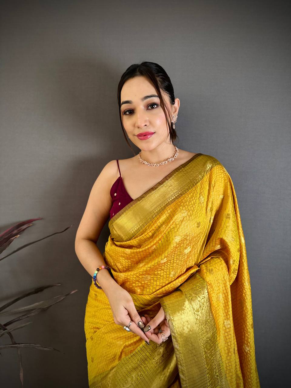 Sunshine Yellow & Maroon Dual Tone Banarasi Silk Saree with Golden Butti & Rich Zari Border | Premium Festive Wear