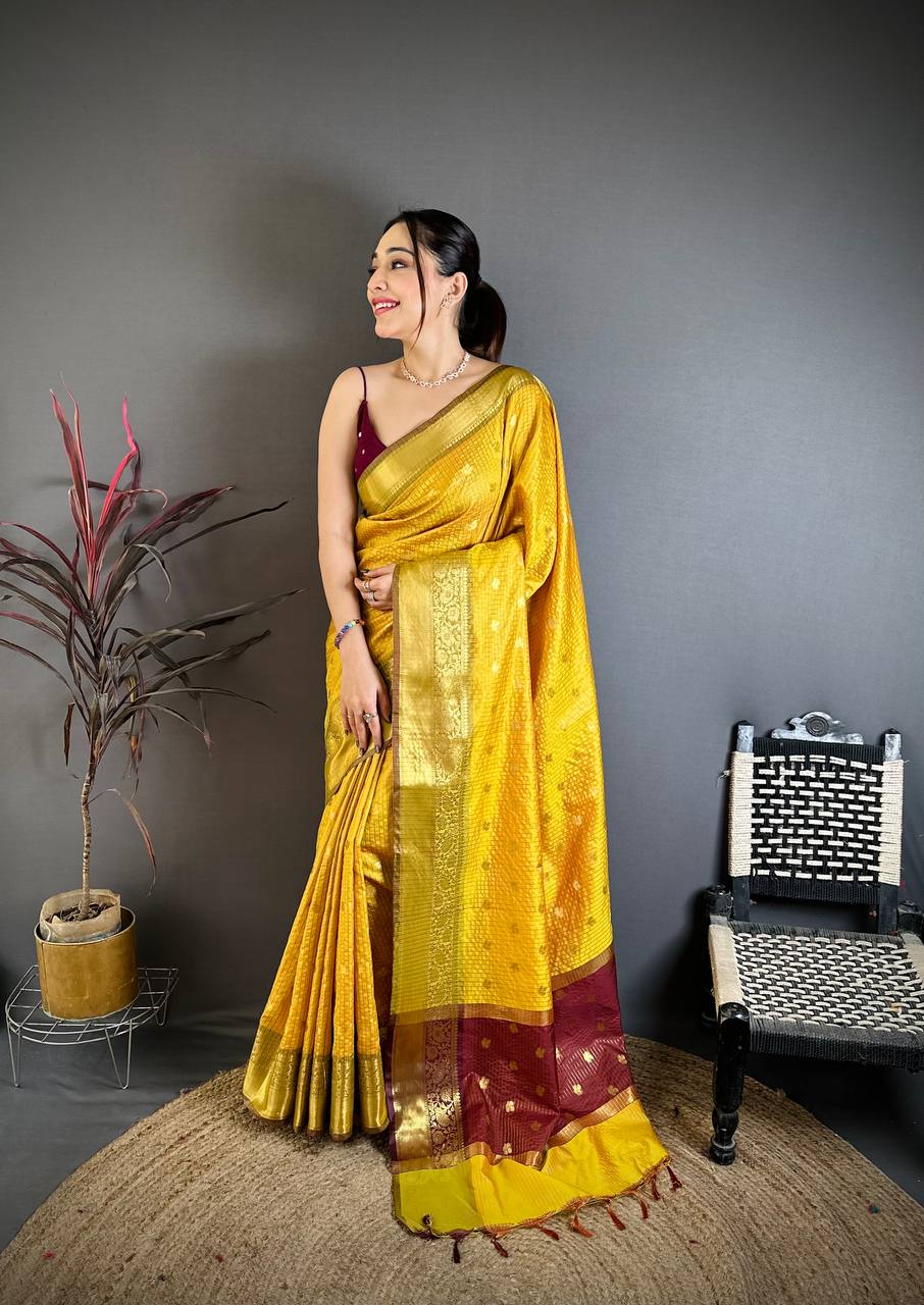Sunshine Yellow & Maroon Dual Tone Banarasi Silk Saree with Golden Butti & Rich Zari Border | Premium Festive Wear