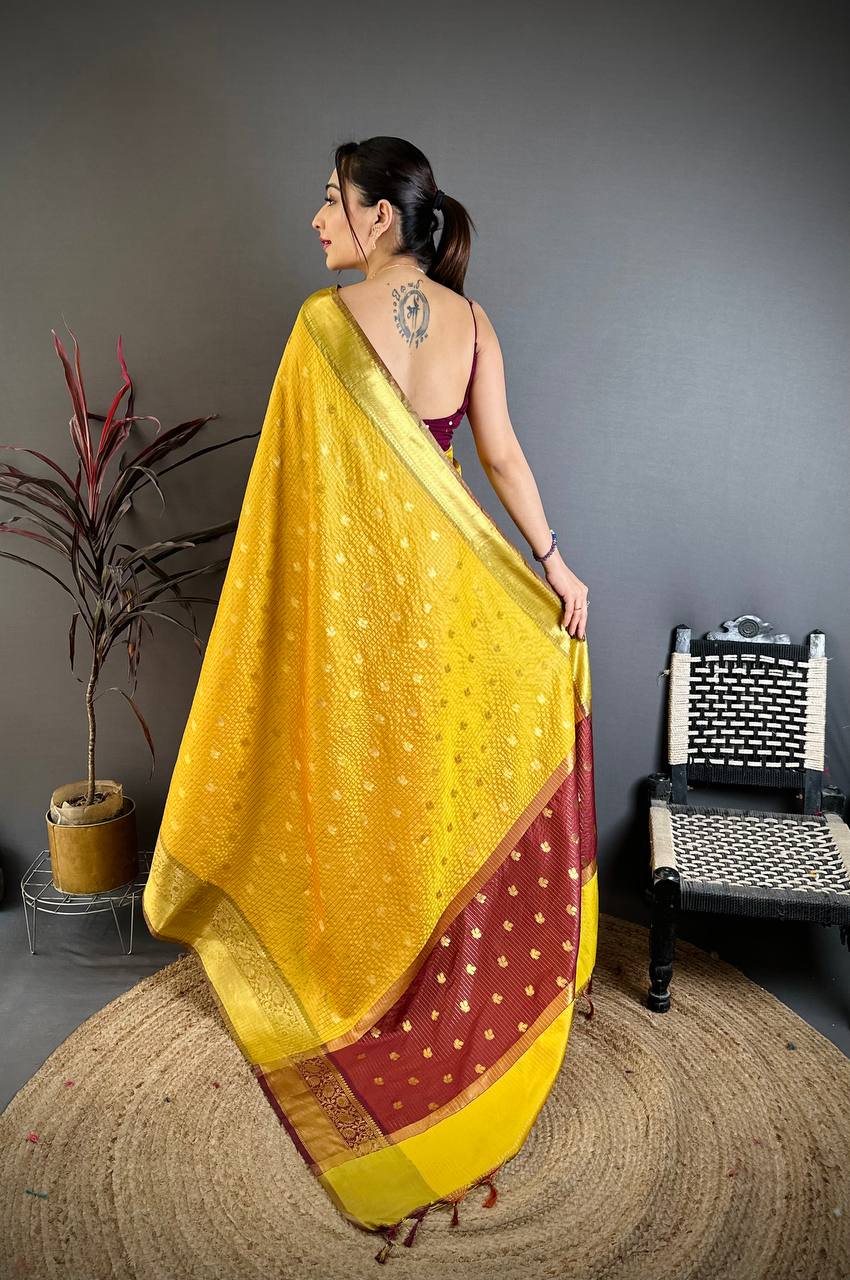 Sunshine Yellow & Maroon Dual Tone Banarasi Silk Saree with Golden Butti & Rich Zari Border | Premium Festive Wear