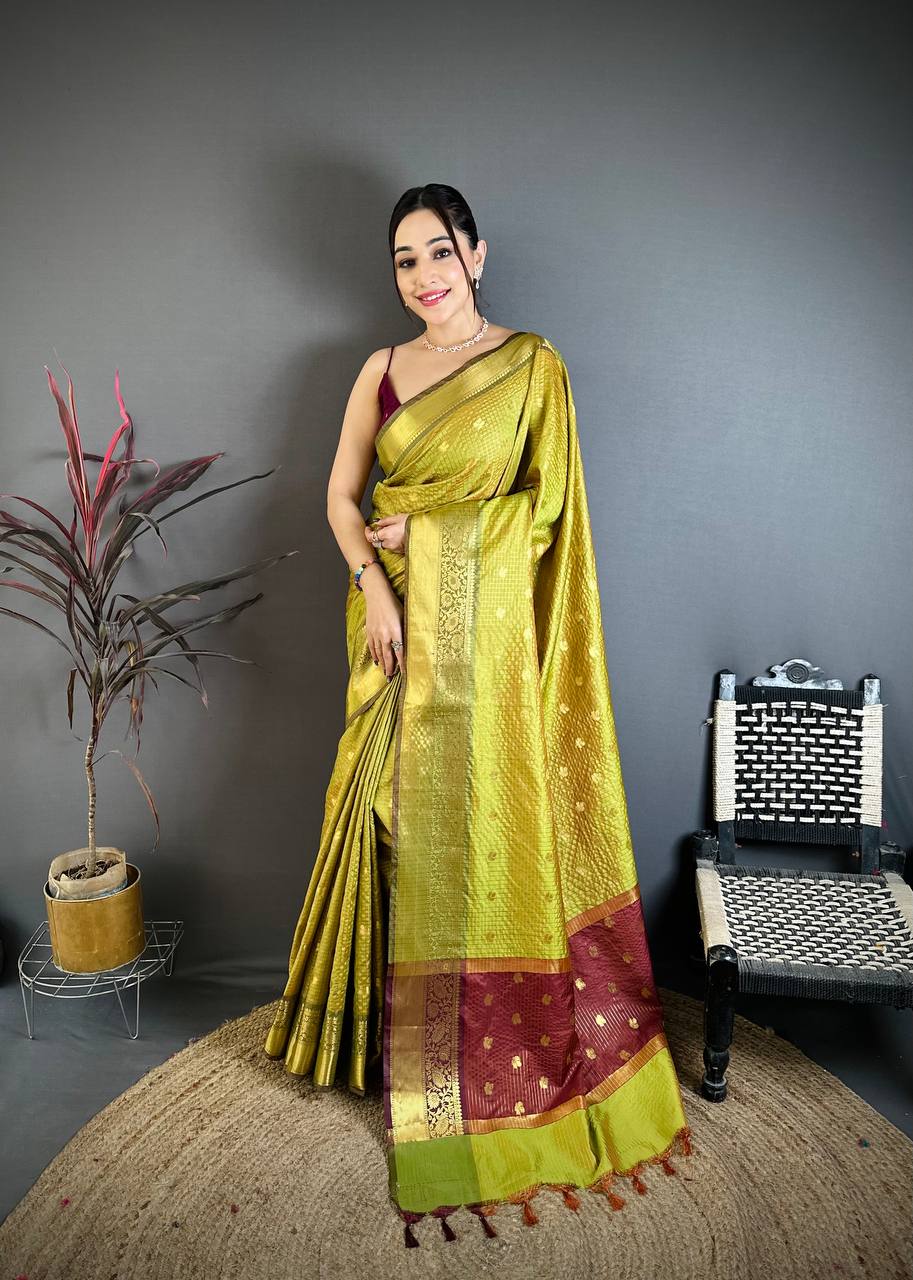 Lime Yellow & Maroon Dual Tone Banarasi Silk Saree with Golden Butti & Rich Zari Border | Premium Festive Wear
