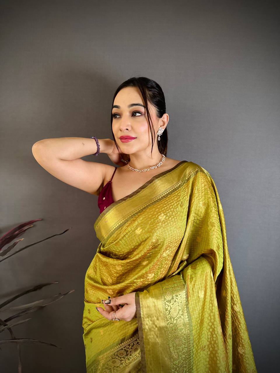 Lime Yellow & Maroon Dual Tone Banarasi Silk Saree with Golden Butti & Rich Zari Border | Premium Festive Wear