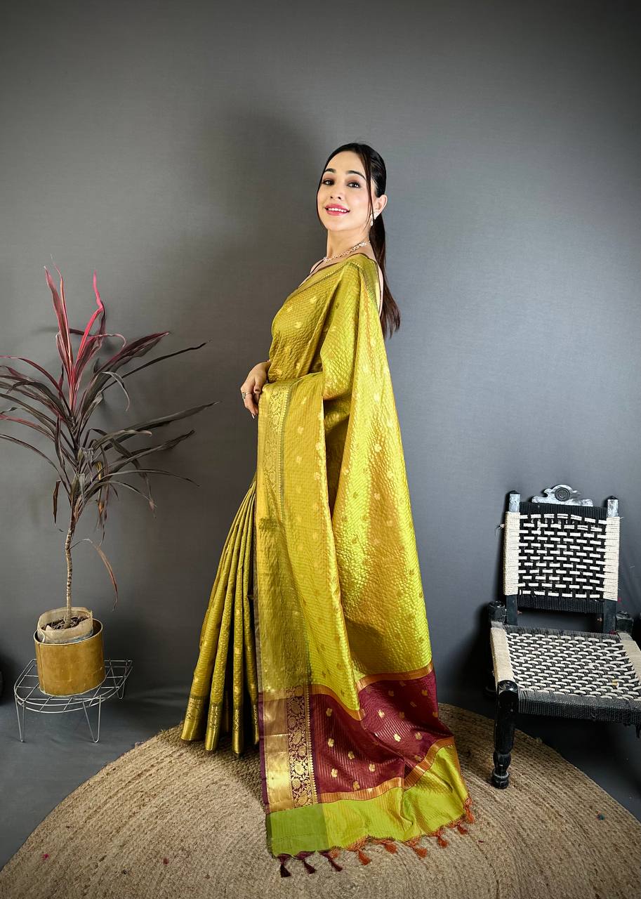 Lime Yellow & Maroon Dual Tone Banarasi Silk Saree with Golden Butti & Rich Zari Border | Premium Festive Wear