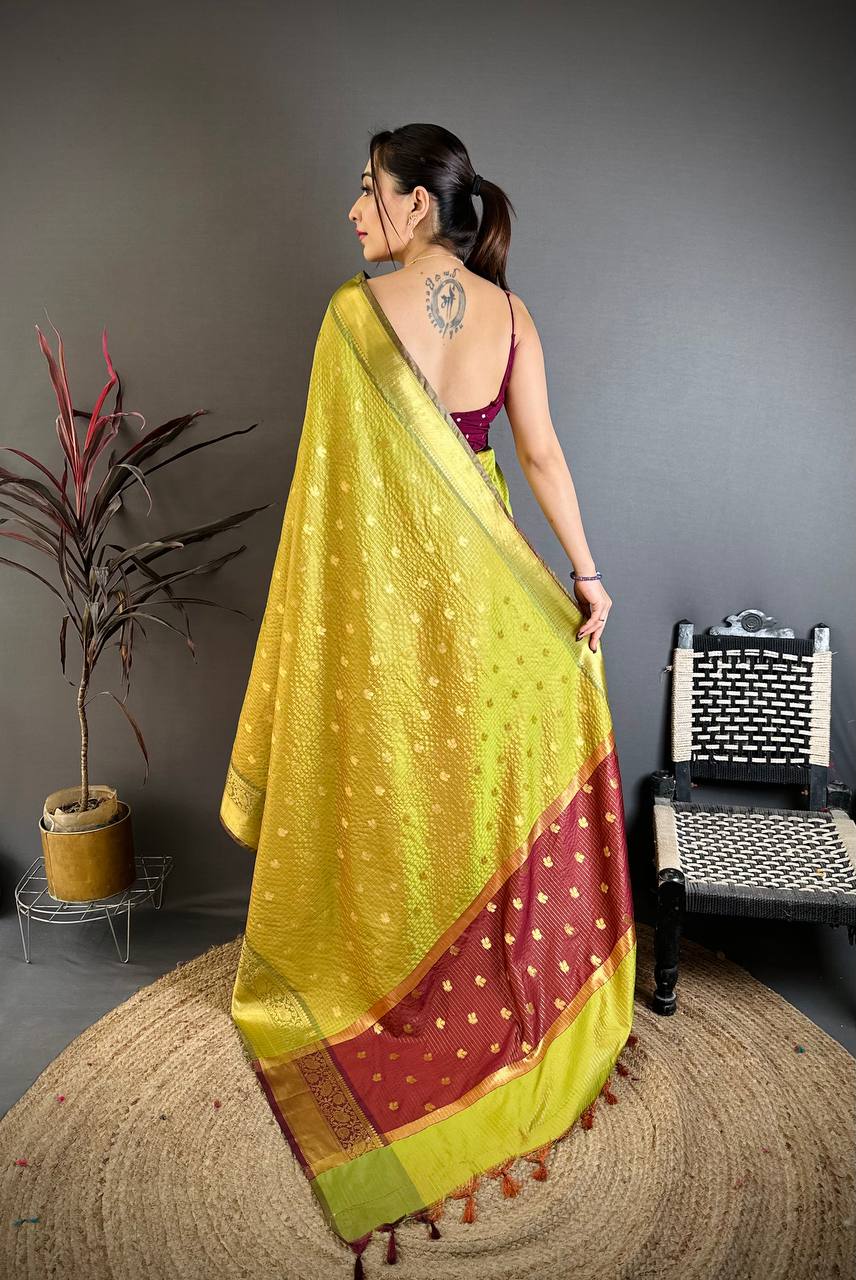 Lime Yellow & Maroon Dual Tone Banarasi Silk Saree with Golden Butti & Rich Zari Border | Premium Festive Wear