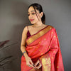 Coral Peach & Maroon Dual Tone Banarasi Silk Saree with Golden Butti & Rich Zari Border | Premium Festive Wear