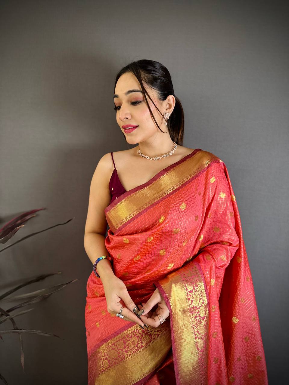 Coral Peach & Maroon Dual Tone Banarasi Silk Saree with Golden Butti & Rich Zari Border | Premium Festive Wear