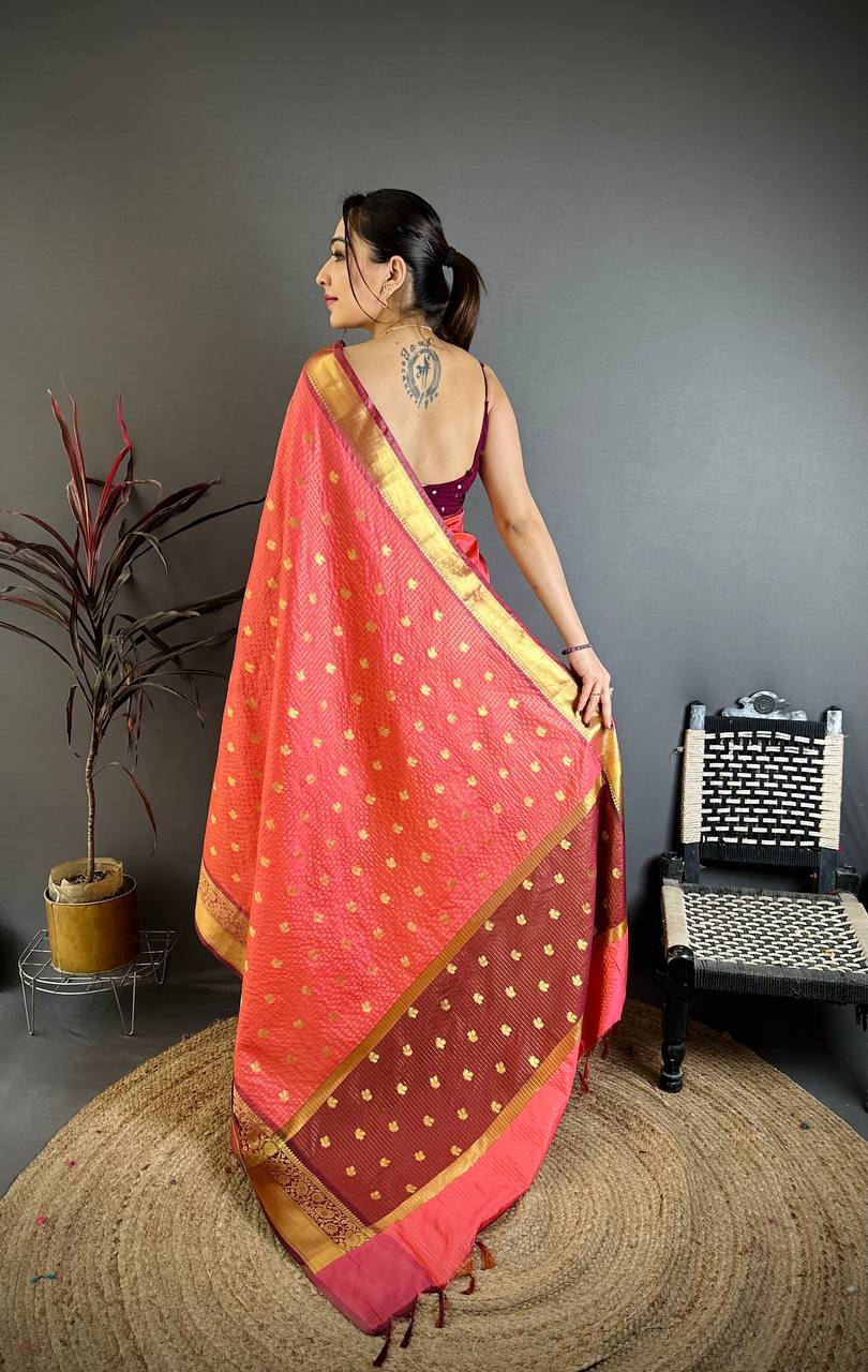 Coral Peach & Maroon Dual Tone Banarasi Silk Saree with Golden Butti & Rich Zari Border | Premium Festive Wear