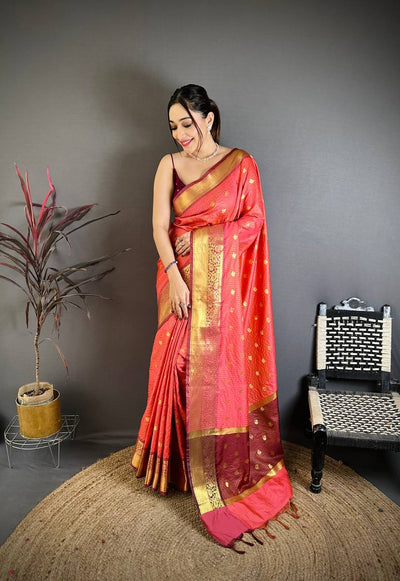 Coral Peach & Maroon Dual Tone Banarasi Silk Saree with Golden Butti & Rich Zari Border | Premium Festive Wear