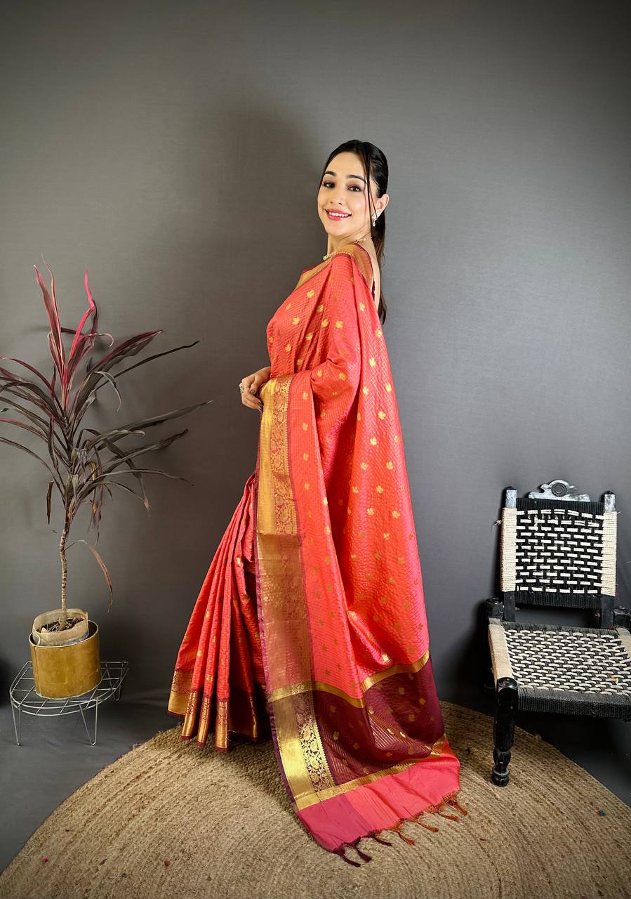 Coral Peach & Maroon Dual Tone Banarasi Silk Saree with Golden Butti & Rich Zari Border | Premium Festive Wear