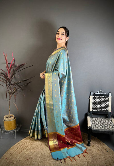 Sky Blue & Maroon Dual Tone Banarasi Silk Saree with Golden Butti & Rich Zari Border | Premium Festive Wear