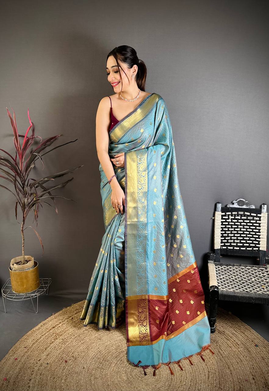 Sky Blue & Maroon Dual Tone Banarasi Silk Saree with Golden Butti & Rich Zari Border | Premium Festive Wear