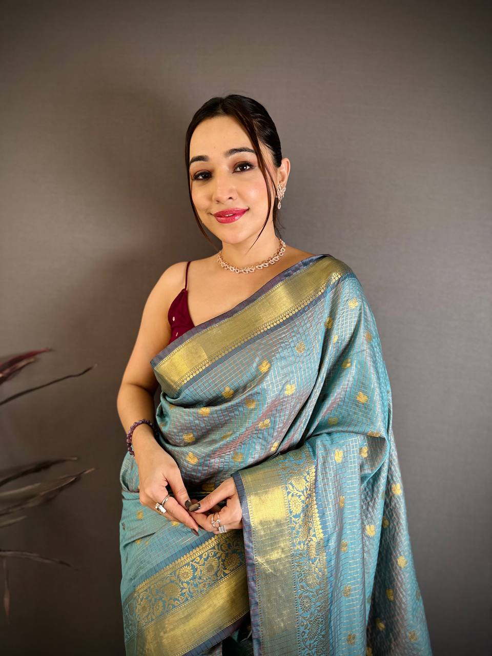 Sky Blue & Maroon Dual Tone Banarasi Silk Saree with Golden Butti & Rich Zari Border | Premium Festive Wear