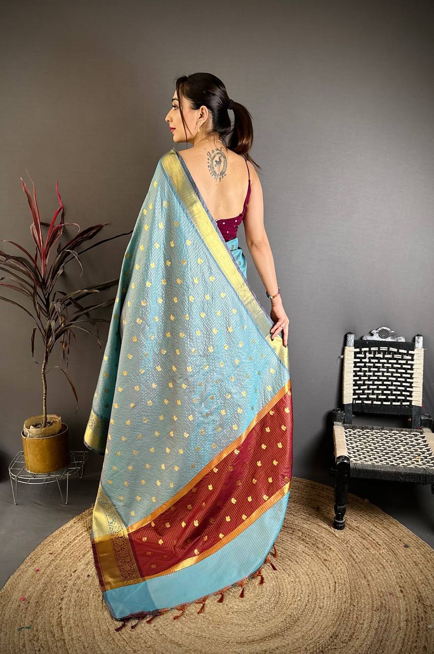 Sky Blue & Maroon Dual Tone Banarasi Silk Saree with Golden Butti & Rich Zari Border | Premium Festive Wear