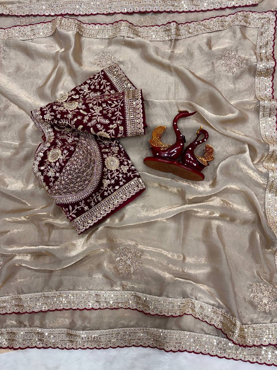Luxury Silk Saree With Heavy Embroidered Designer Blouse & Sequins Border Festive Saree