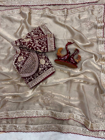 Luxury Silk Saree With Heavy Embroidered Designer Blouse & Sequins Border Festive Saree