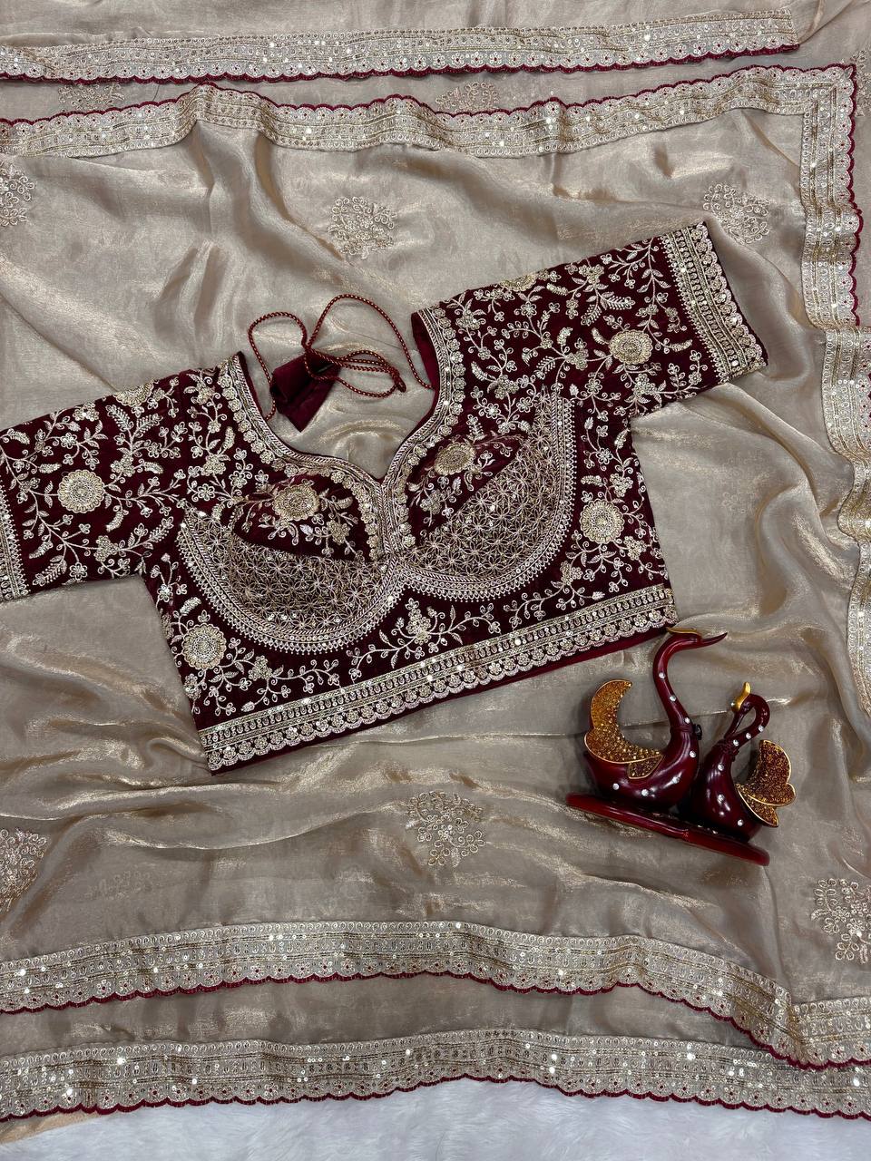 Luxury Silk Saree With Heavy Embroidered Designer Blouse & Sequins Border Festive Saree