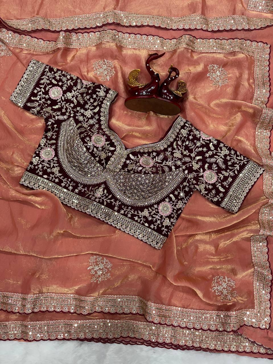 Luxury Silk Saree With Heavy Embroidered Designer Blouse & Sequins Border Festive Saree