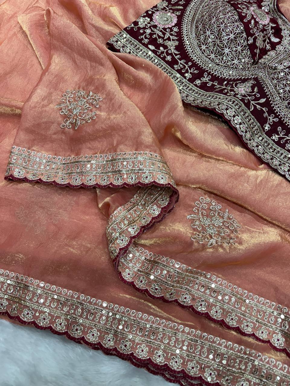 Luxury Silk Saree With Heavy Embroidered Designer Blouse & Sequins Border Festive Saree