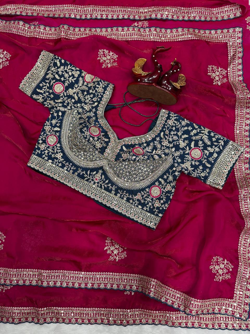 Luxury Silk Saree With Heavy Embroidered Designer Blouse & Sequins Border Festive Saree