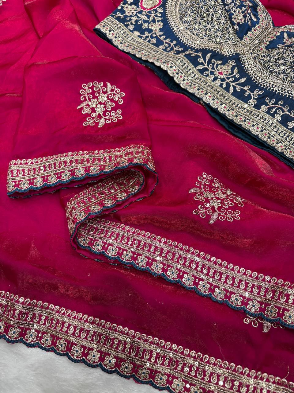 Luxury Silk Saree With Heavy Embroidered Designer Blouse & Sequins Border Festive Saree
