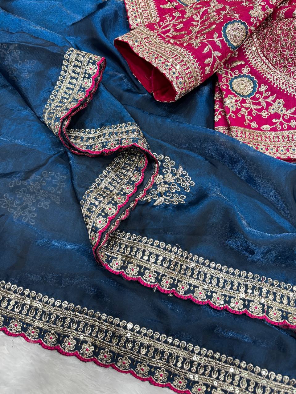 Luxury Silk Saree With Heavy Embroidered Designer Blouse & Sequins Border Festive Saree
