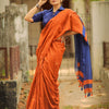 Rust Orange Linen Saree with Navy Blue Contrast Pallu & Tassels | Modern Minimal Everyday Wear