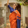 Rust Orange Linen Saree with Navy Blue Contrast Pallu & Tassels | Modern Minimal Everyday Wear