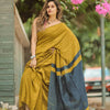 Mustard Yellow Linen Saree with Slate Grey Contrast Pallu & Tassels | Minimalist Everyday Elegance