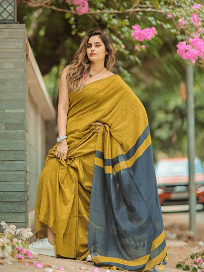 Mustard Yellow Linen Saree with Slate Grey Contrast Pallu & Tassels | Minimalist Everyday Elegance