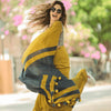 Mustard Yellow Linen Saree with Slate Grey Contrast Pallu & Tassels | Minimalist Everyday Elegance