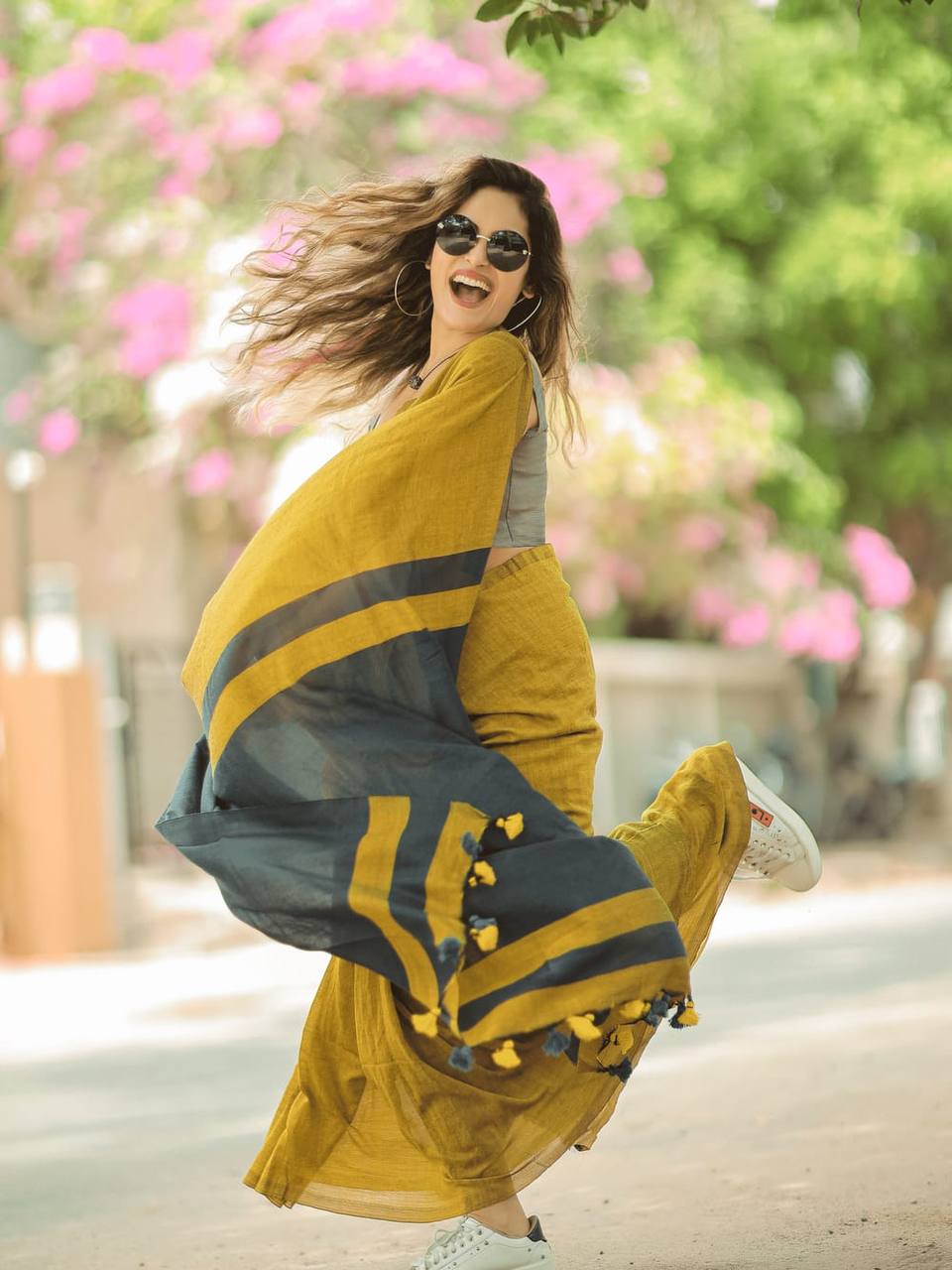 Mustard Yellow Linen Saree with Slate Grey Contrast Pallu & Tassels | Minimalist Everyday Elegance