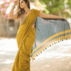 Mustard Yellow Linen Saree with Slate Grey Contrast Pallu & Tassels | Minimalist Everyday Elegance