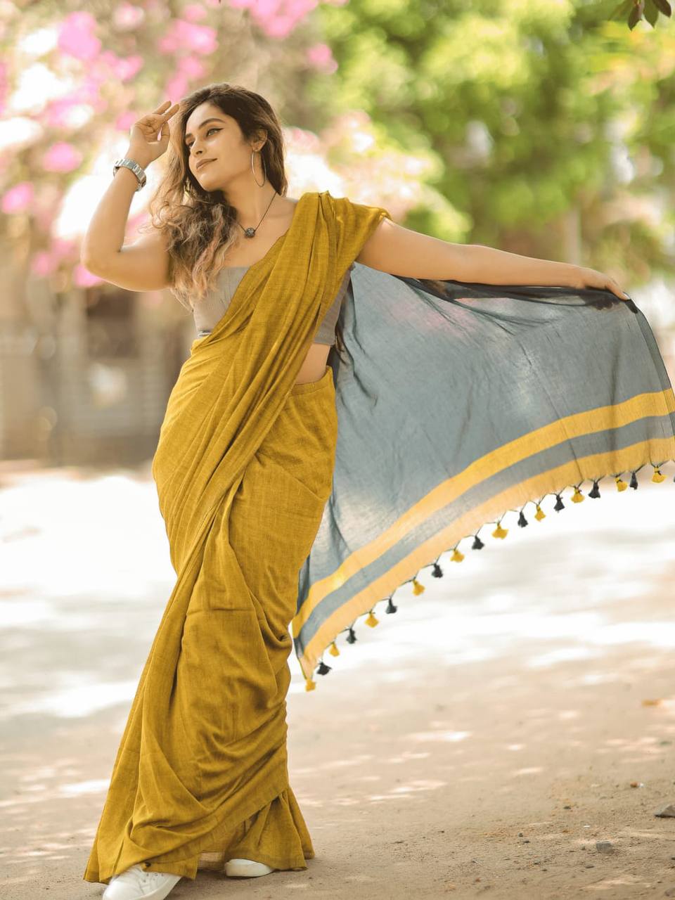 Mustard Yellow Linen Saree with Slate Grey Contrast Pallu & Tassels | Minimalist Everyday Elegance
