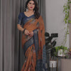 Classic Brown & Indigo Art Silk Saree with Royal Folk Motif Heritage Design