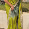 Olive Green & Pastel Blue Silk Saree with Heavy Mirror Border and Mustard Embroidered Blouse