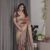 Elegant Cream Art Silk Saree with Royal Peacock & Floral Heritage Garden Design