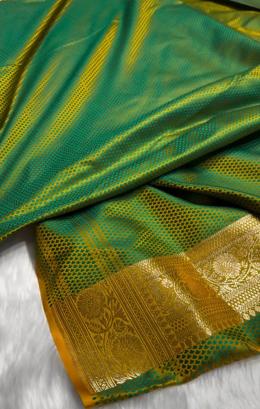 Mustard Green Banarasi Brocade Silk Saree with Rich Golden & Teal Zari Weaving