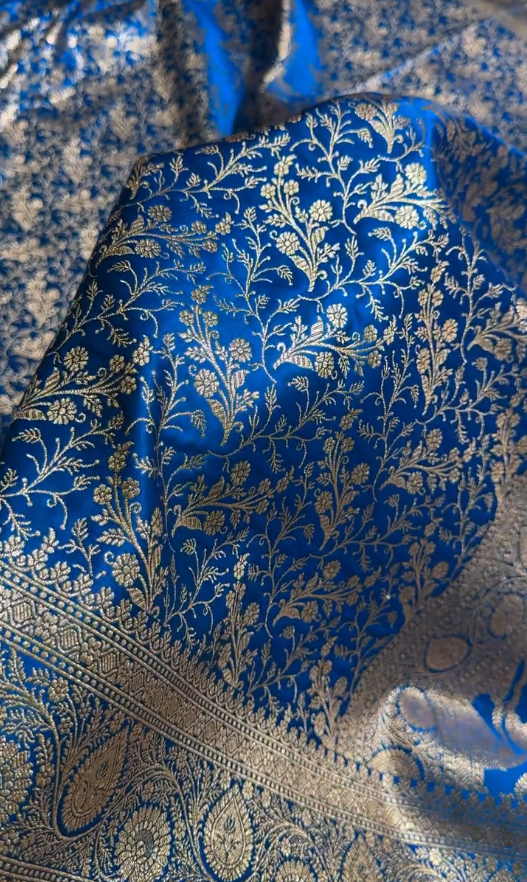 Royal Blue Banarasi Brocade Silk Saree with All-Over Golden Zari Floral Weaving