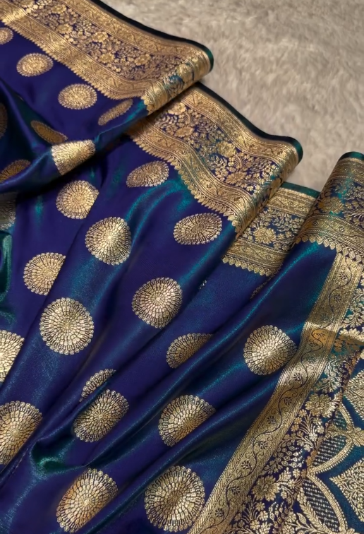 Royal Blue Banarasi Silk Saree with Gold Zari Circular Medallion Motifs & Heavy Floral Border