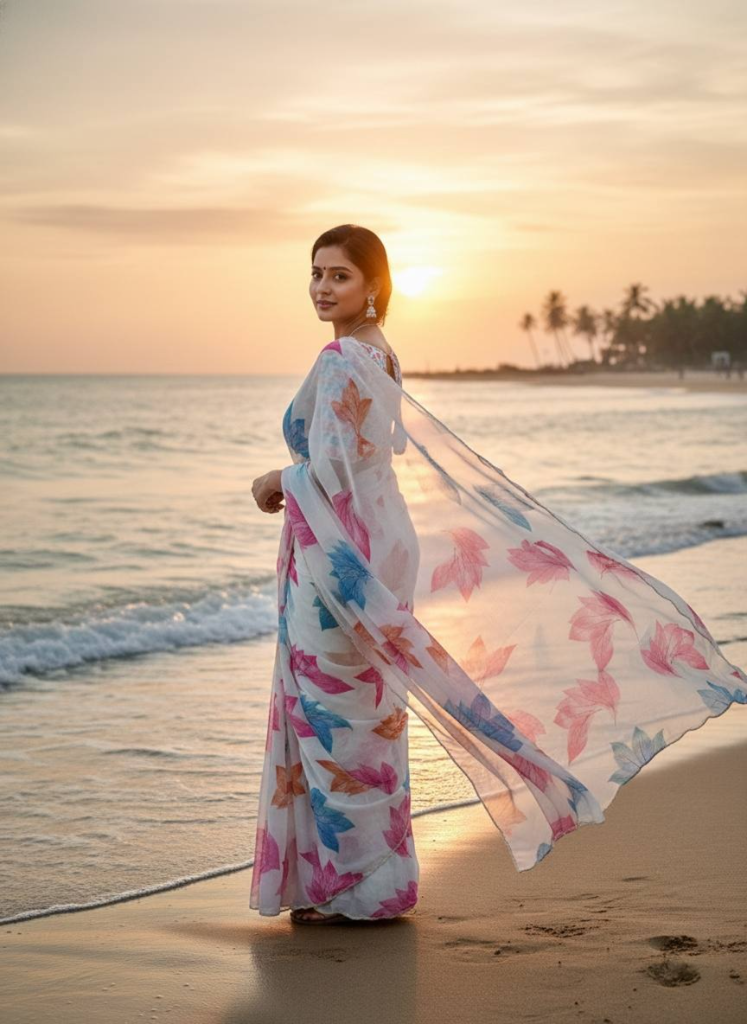 Ivory Whisper Organza Saree with Multicolor Leaf Motifs & Pearl Finish Border