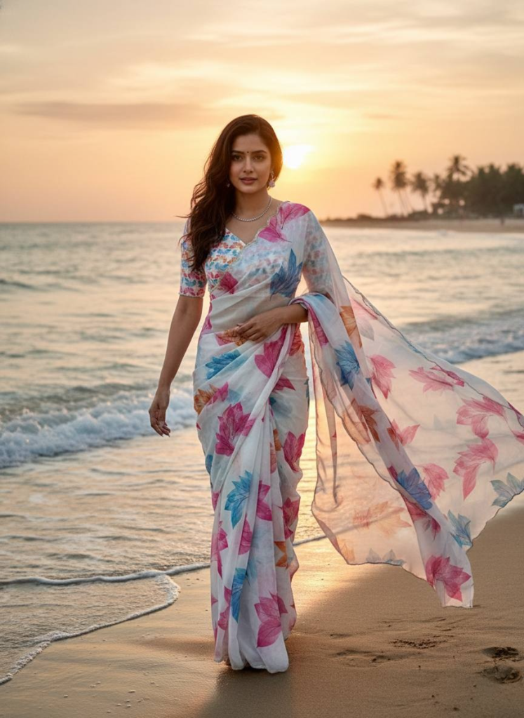 Ivory Whisper Organza Saree with Multicolor Leaf Motifs & Pearl Finish Border