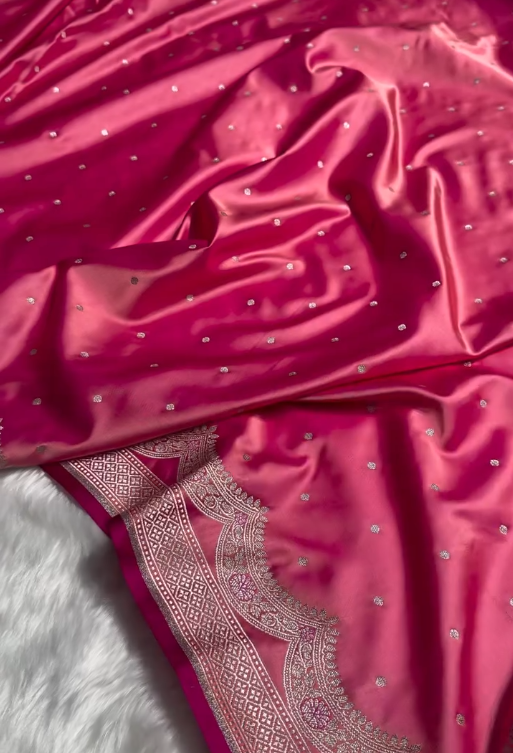 Rani Pink Banarasi Silk Saree with Silver Zari Buti & Elegant Woven Border