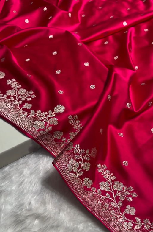 Hot Pink Banarasi Silk Saree with Silver Zari Floral Border & Delicate Buti Work