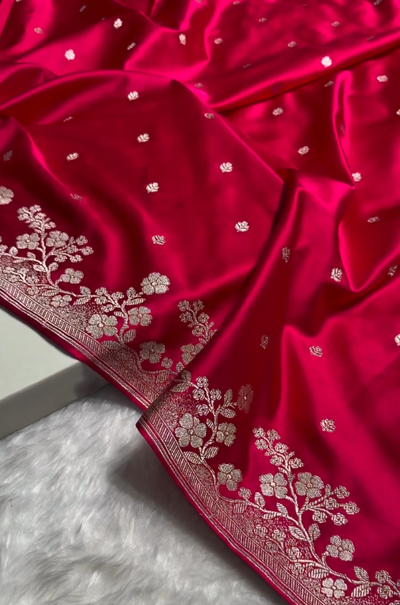Hot Pink Banarasi Silk Saree with Silver Zari Floral Border & Delicate Buti Work