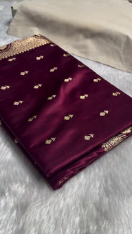 Maroon Banarasi Silk Saree with Gold Zari Buti Motifs & Traditional Woven Border