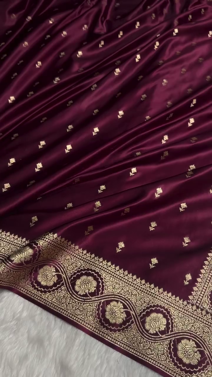 Maroon Banarasi Silk Saree with Gold Zari Buti Motifs & Traditional Woven Border
