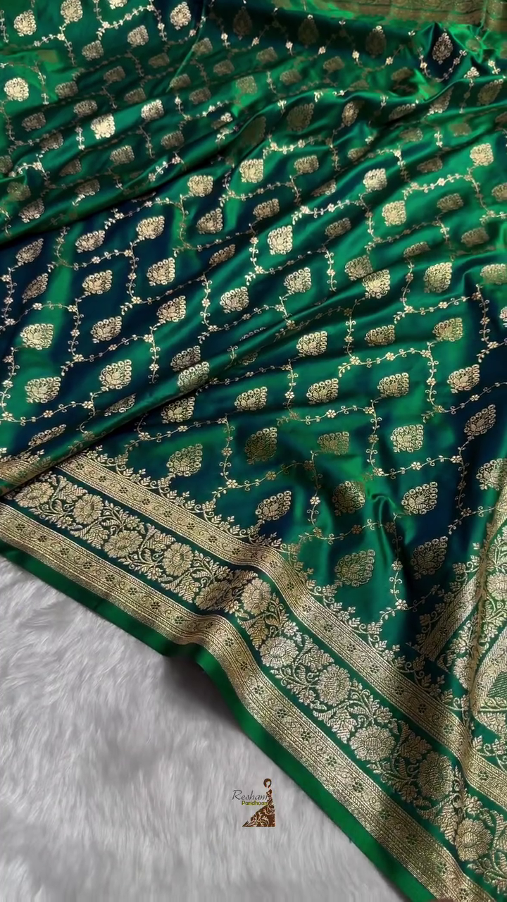 Emerald Green Banarasi Silk Saree – All-Over Zari Jaal & Leaf Motif Weave