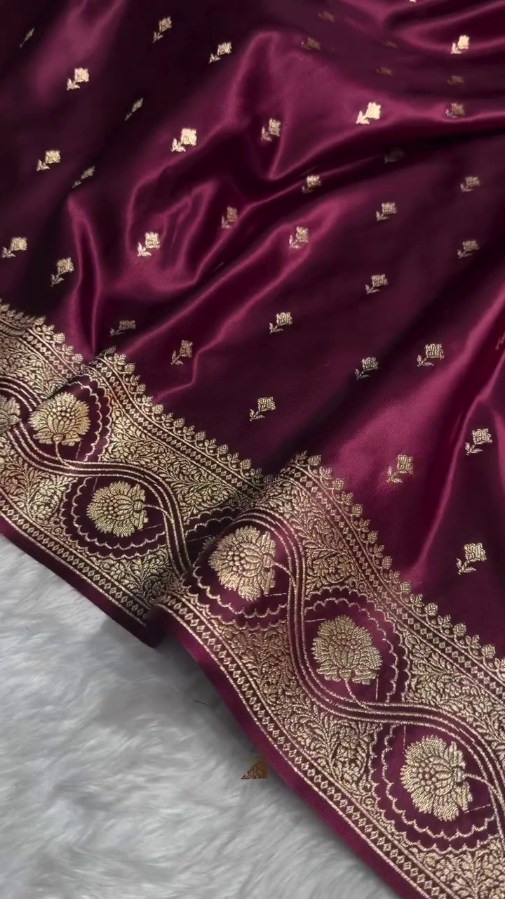 Maroon Banarasi Silk Saree with Gold Zari Buti Motifs & Traditional Woven Border