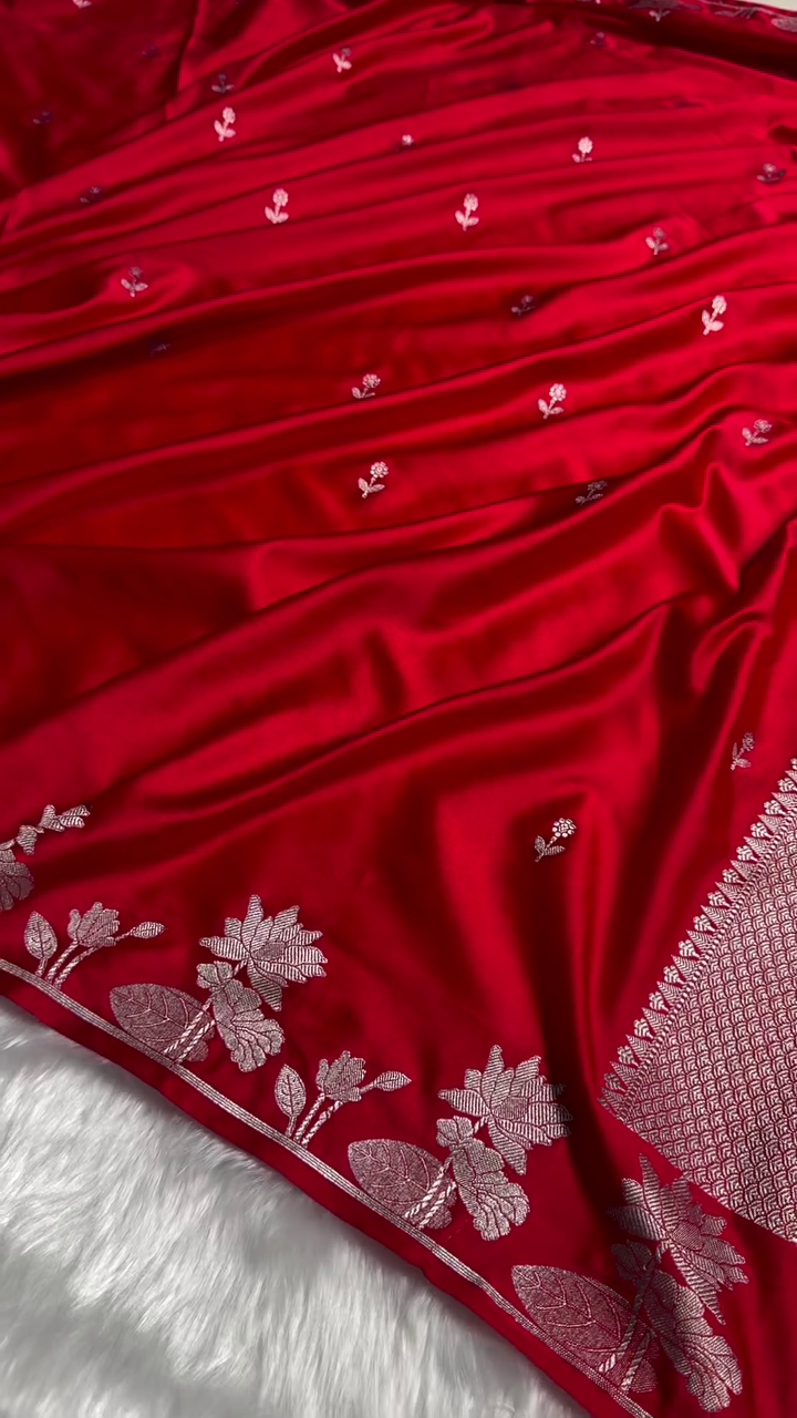 Ruby Red Banarasi Silk Saree – Silver Zari Floral Border & Minimal Butta Work